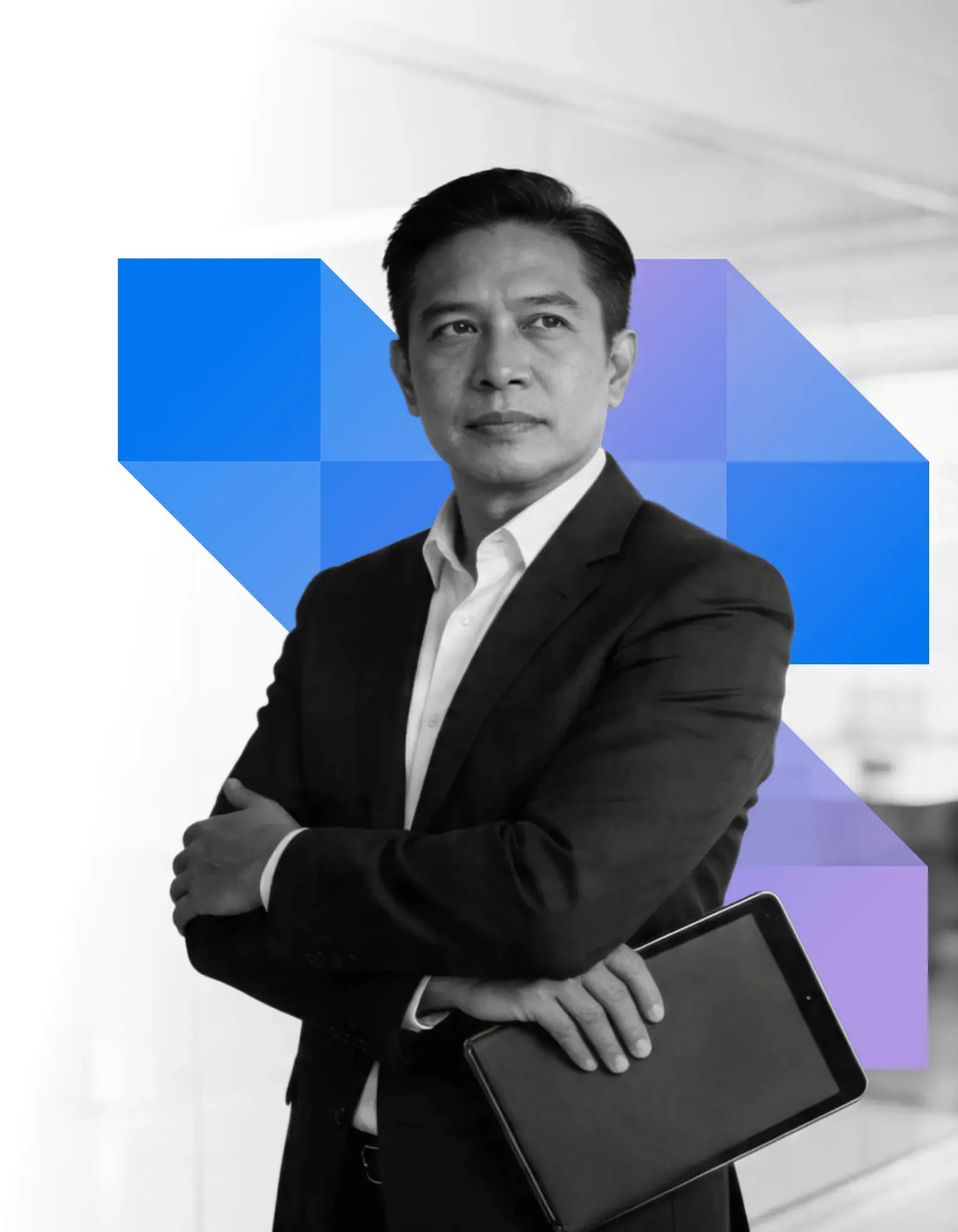 A bank executive holding a tablet — universal and commercial banks segment